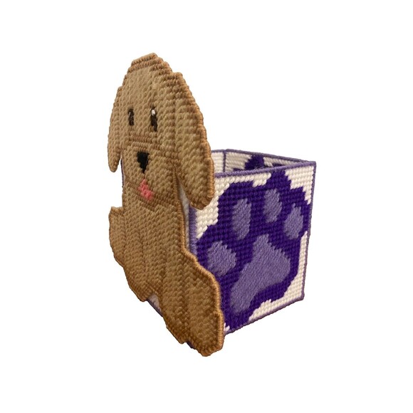 Handmade Needlepoint Plastic Yarn TREAT BOX & PHOTO FRAME Dog Puppy Retriever - Picture 3 of 13